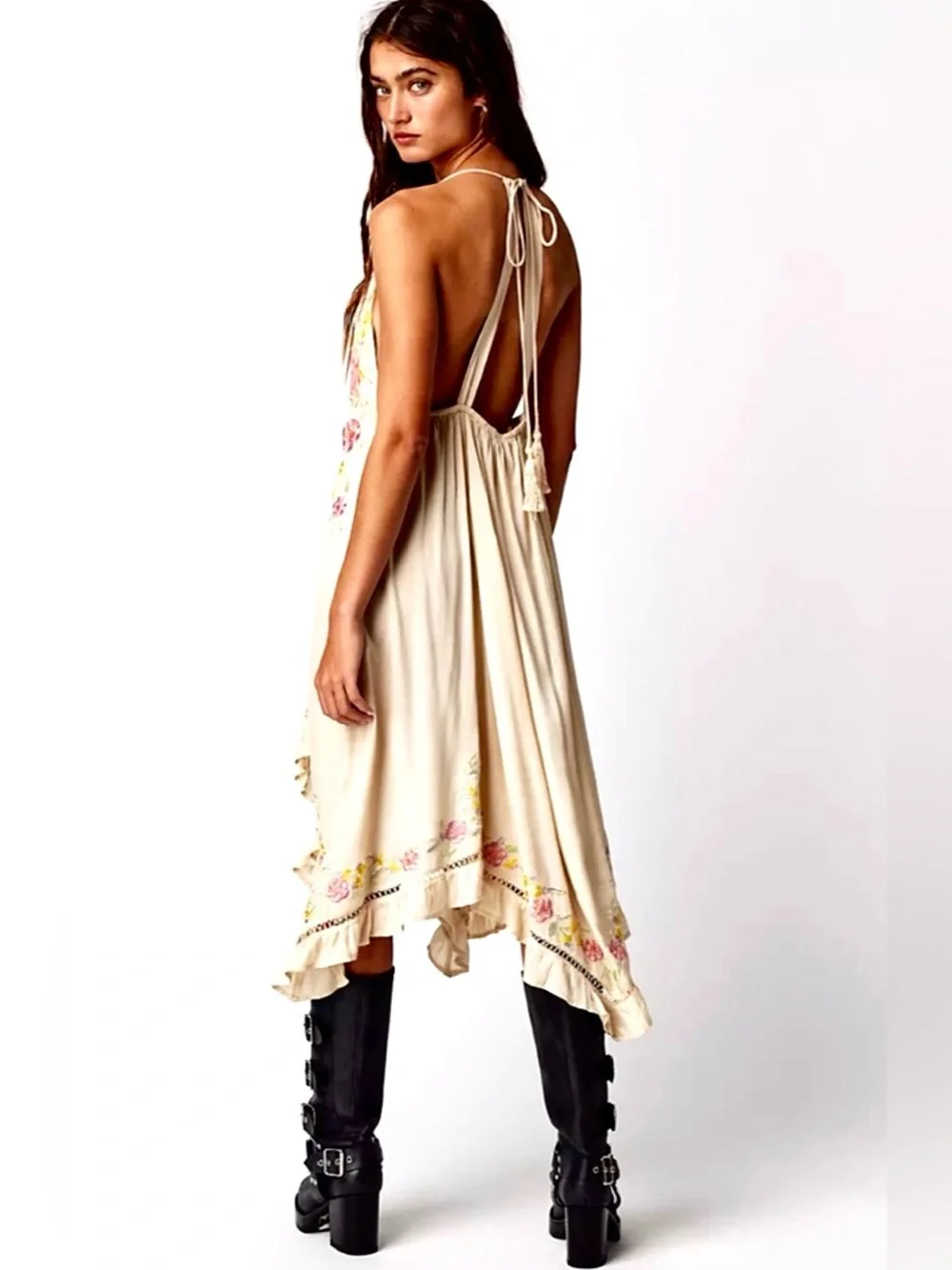 Free People Cream Floral Embroidered V-Neck Slip Dress - Picture 4 of 16